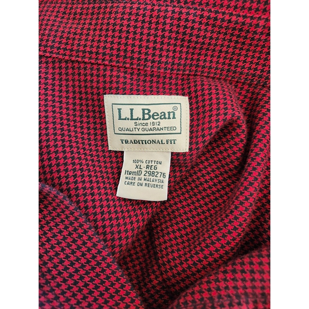 LL Bean Mens XL Flannel Shirt Red Black Houndstooth Traditional Fit Cotton - Picture 6 of 7